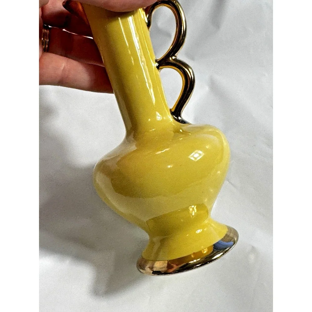 Vintage Yellow Ceramic Miniature Bud Vase Purple Violets Gold Trim 6.25in